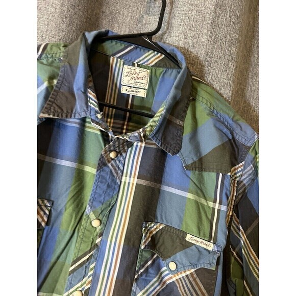 Lucky Brand Western Shirt Mens XL Blue Green Plaid Pearl Snap Cowboy Sportswear - Picture 2 of 8